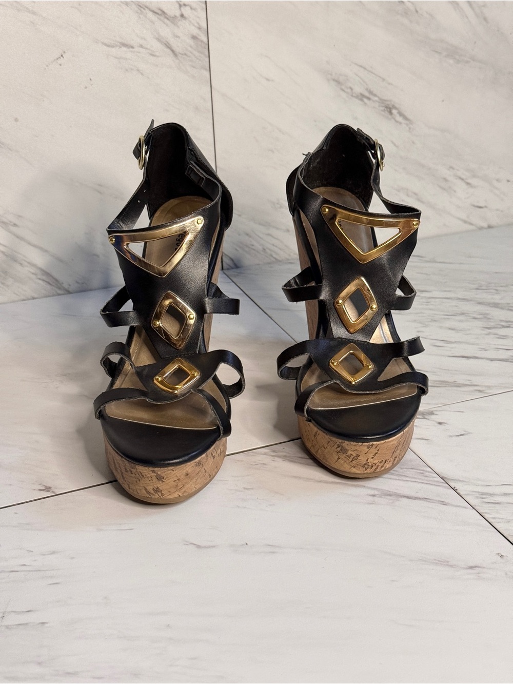 3/$50 Montego Bay Club Black Gold Cutout Cork Wedge Sandals Gladiator Heels 8.5